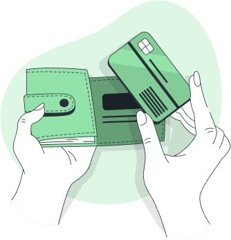 Illustration of hands holding a wallet and credit card.