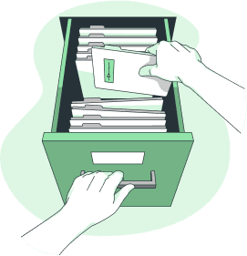 Illustration of hands pulling documents from a green filing cabinet.