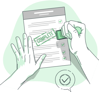 Illustration of a hand stamping 'Complete' on a document with a checklist.