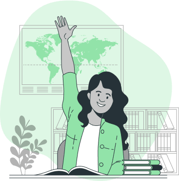 Illustration of a student raising a hand in a classroom with books and a world map.