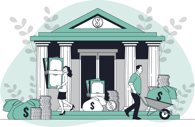 Illustration of people carrying money and documents at a bank.