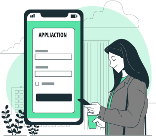 Illustration of a woman using a smartphone to complete a loan application.